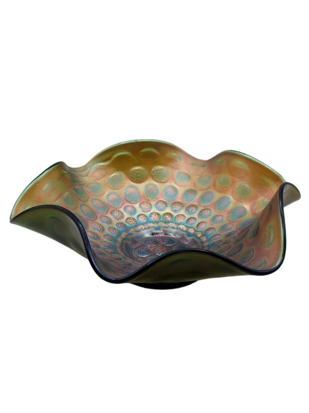 Fenton Green Carnival Glass Bowl Stippled Coin Dot Ruffled Antique Victorian